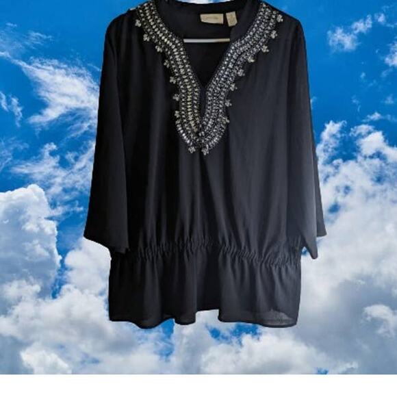 Chico's Large (2) Black 3/4 sleeve with silver embellishments v-neck top. WInter - Picture 1 of 1